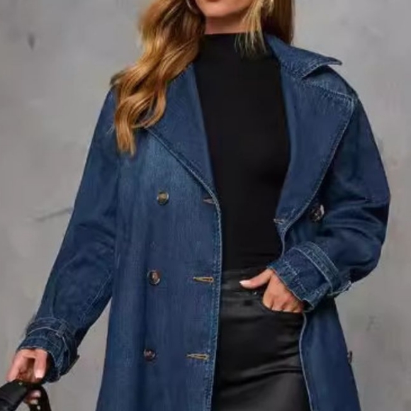 Denim Trench Coat Double Breasted Button-Up Collared Longline Belt Jean Jacket - Picture 5 of 12
